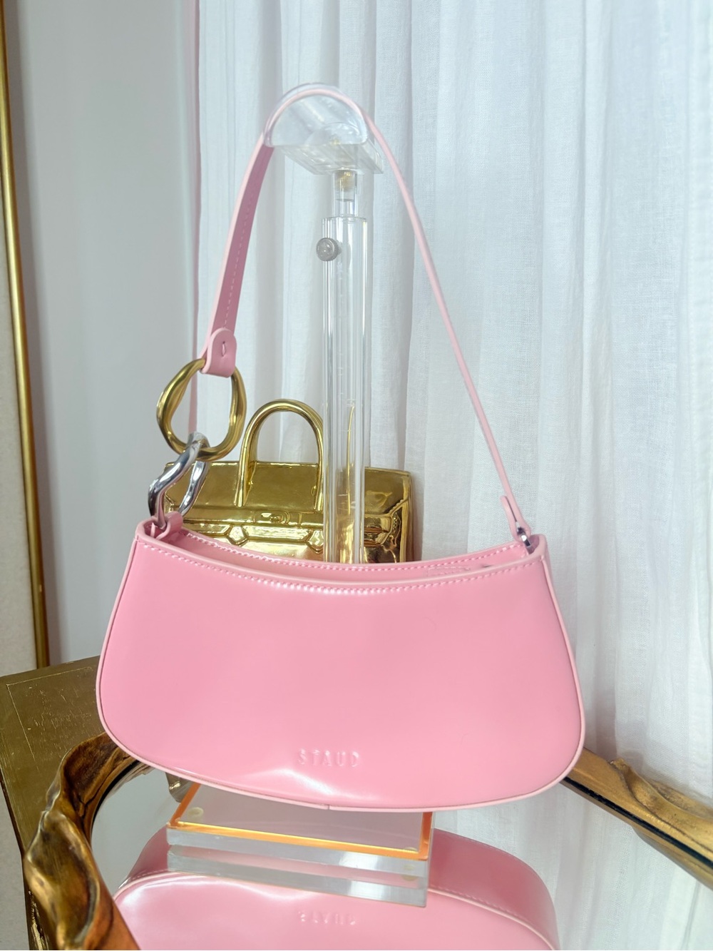 STAUD Ollie Bag Cherry Blossom Pink Leather Shoulder Bag NWOT Mixed Metal - Picture 4 of 5